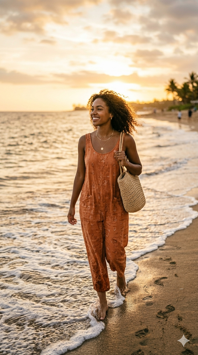 Viajante caminhando na praia ao pôr do sol